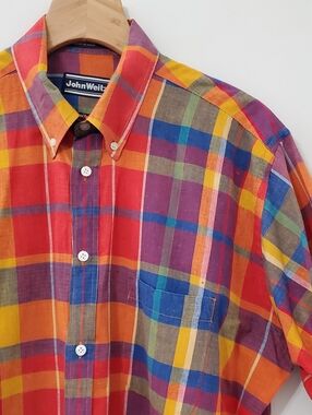 John Weitz Hand Loom Madras Cotton Shirt Sleeve Button Down Shirt XL
